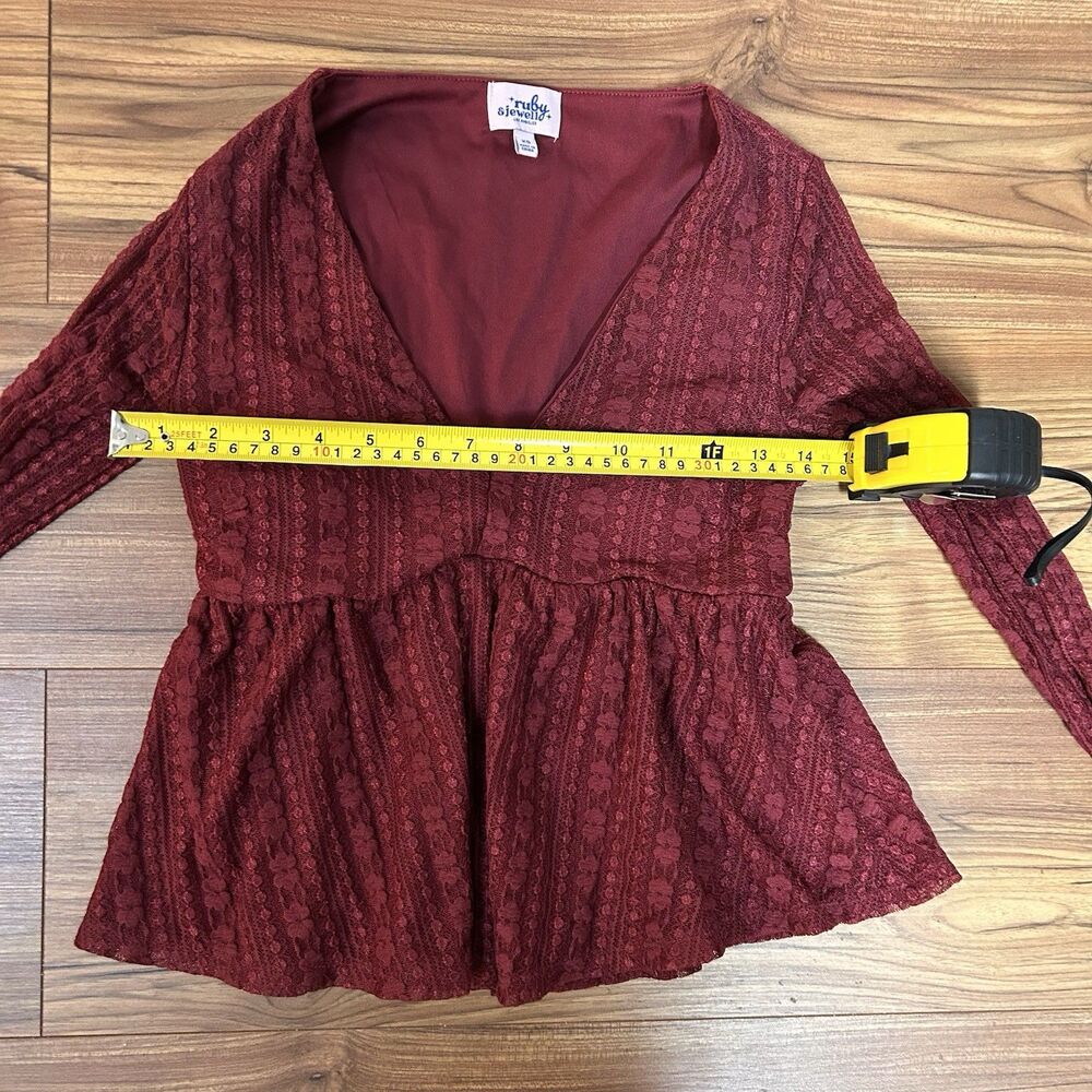 Ruby & Jewell Lace Peplum Top XS Burgundy Sheer Boho Long Sleeve V Neck - Picture 5 of 8